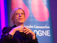 Caroline Peters, a German actress, is seen on the stage of Flora Hall in Cologne, Germany, on October 13, 2024, during the Lit.Cologne 2024...