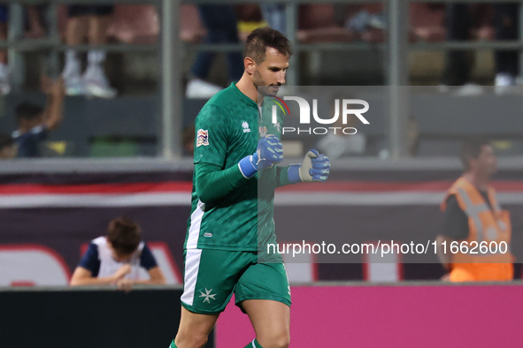 Henry Bonello, goalkeeper of Malta, reacts in celebration after the UEFA Nations League, League D, Group D2 soccer match between Malta and M...