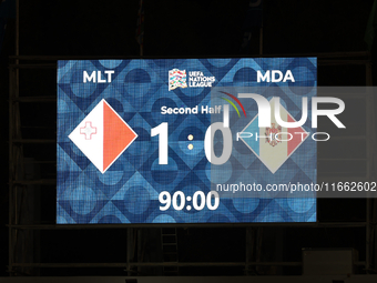 The match venue scoreboard displays the full-time result during the UEFA Nations League, League D, Group D2 soccer match between Malta and M...