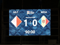 The match venue scoreboard displays the full-time result during the UEFA Nations League, League D, Group D2 soccer match between Malta and M...