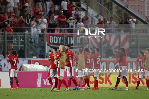 Soccer players from Malta applaud their fans after the UEFA Nations League, League D, Group D2 soccer match between Malta and Moldova at the...