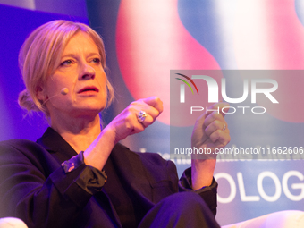 Caroline Peters, a German actress, is seen on the stage of Flora Hall in Cologne, Germany, on October 13, 2024, during the Lit.Cologne 2024...