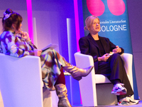 Caroline Peters, a German actress, and Marie-Christine Knop, a German journalist, are on the stage of Flora Hall in Cologne, Germany, on Oct...