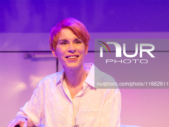 Tana French, an Irish writer, is on the stage of Flora Hall in Cologne, Germany, on October 13, 2024, during the Lit.Cologne 2024 special ed...