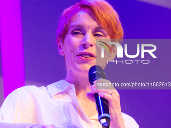 Tana French, an Irish writer, is on the stage of Flora Hall in Cologne, Germany, on October 13, 2024, during the Lit.Cologne 2024 special ed...