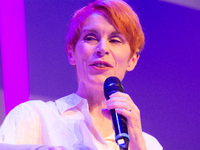 Tana French, an Irish writer, is on the stage of Flora Hall in Cologne, Germany, on October 13, 2024, during the Lit.Cologne 2024 special ed...