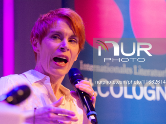 Tana French, an Irish writer, is on the stage of Flora Hall in Cologne, Germany, on October 13, 2024, during the Lit.Cologne 2024 special ed...