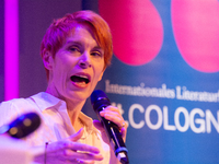 Tana French, an Irish writer, is on the stage of Flora Hall in Cologne, Germany, on October 13, 2024, during the Lit.Cologne 2024 special ed...