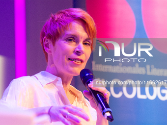 Tana French, an Irish writer, is on the stage of Flora Hall in Cologne, Germany, on October 13, 2024, during the Lit.Cologne 2024 special ed...