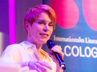 Tana French, an Irish writer, is on the stage of Flora Hall in Cologne, Germany, on October 13, 2024, during the Lit.Cologne 2024 special ed...