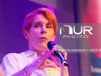 Tana French, an Irish writer, is on the stage of Flora Hall in Cologne, Germany, on October 13, 2024, during the Lit.Cologne 2024 special ed...