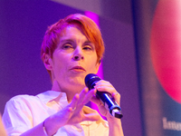 Tana French, an Irish writer, is on the stage of Flora Hall in Cologne, Germany, on October 13, 2024, during the Lit.Cologne 2024 special ed...