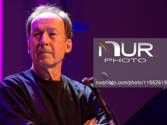 Ulrich Noethen, a German actor, is seen on the stage of Flora Hall in Cologne, Germany, on October 13, 2024, during the Lit.Cologne 2024 spe...