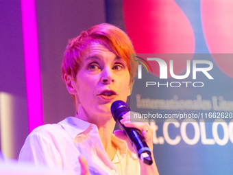 Tana French, an Irish writer, is on the stage of Flora Hall in Cologne, Germany, on October 13, 2024, during the Lit.Cologne 2024 special ed...