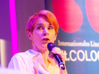 Tana French, an Irish writer, is on the stage of Flora Hall in Cologne, Germany, on October 13, 2024, during the Lit.Cologne 2024 special ed...