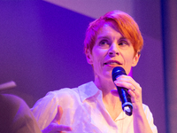 Tana French, an Irish writer, is on the stage of Flora Hall in Cologne, Germany, on October 13, 2024, during the Lit.Cologne 2024 special ed...