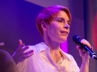 Tana French, an Irish writer, is on the stage of Flora Hall in Cologne, Germany, on October 13, 2024, during the Lit.Cologne 2024 special ed...