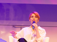 Tana French, an Irish writer, is on the stage of Flora Hall in Cologne, Germany, on October 13, 2024, during the Lit.Cologne 2024 special ed...