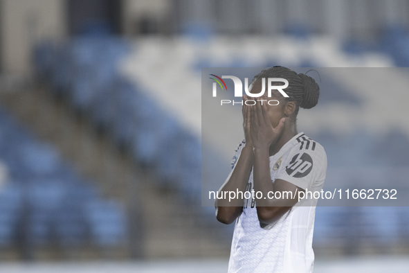 Linda Caicedo of Real Madrid women reacts to a missed opportunity during the LIGA F match between Real Madrid and Atletico de Madrid at Alfr...