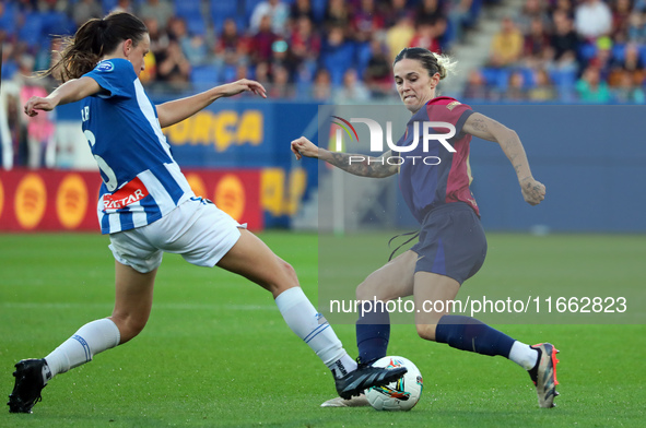 Maria Leon and Mar Torras play during the match between FC Barcelona Women and RCD Espanyol Women, corresponding to week 6 of the Liga F, at...