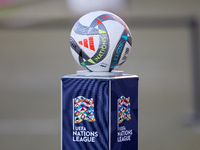 The Adidas UEFA Nations League 2024-2025 official match ball Pro is shown prior to the UEFA Nations League, League D, Group D2 soccer match...