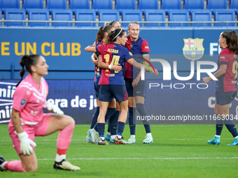 FC Barcelona players celebrate a goal during the match between FC Barcelona Women and RCD Espanyol Women, corresponding to week 6 of Liga F,...