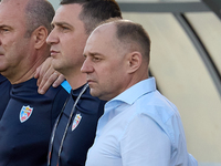 Serghei Cleşcenco, head coach of Moldova, stands at the front during the playing of their country’s national anthem before the UEFA Nations...