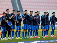 Soccer players from Moldova stand before the playing of their country’s national anthem prior to the UEFA Nations League, League D, Group D2...