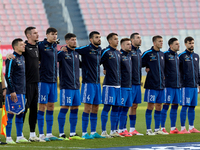 Soccer players from Moldova stand during the playing of their country’s national anthem prior to the UEFA Nations League, League D, Group D2...