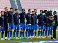 Soccer players from Moldova stand during the playing of their country’s national anthem prior to the UEFA Nations League, League D, Group D2...