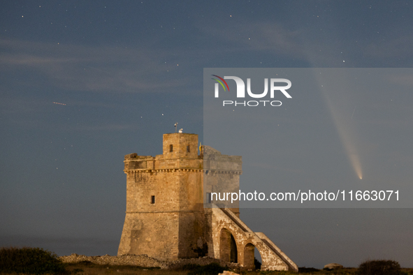 The comet Tsuchinshan-ATLAS (C/2023 A3) is seen over Torre Squillace, near Lecce, Italy, on October 13, 2024. The comet's coma, or head, mea...