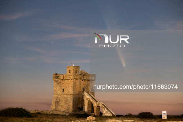 The comet Tsuchinshan-ATLAS (C/2023 A3) is seen over Torre Squillace, near Lecce, Italy, on October 13, 2024. The comet's coma, or head, mea...