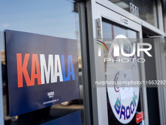 A sign for Kamala Harris is on a window in Philadelphia, Pennsylvania, United States, on October 13, 2024. (