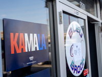 A sign for Kamala Harris is on a window in Philadelphia, Pennsylvania, United States, on October 13, 2024. (