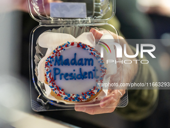 A cookie that says ''Madam President'' for Kamala Harris in Philadelphia, Pennsylvania, United States, on October 13, 2024. (