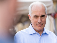 Sen. Bob Casey (D-PA) stands outside a campaign rally in Philadelphia, Pennsylvania, United States, on October 13, 2024. (