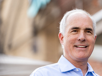 Sen. Bob Casey (D-PA) stands outside a campaign rally in Philadelphia, Pennsylvania, United States, on October 13, 2024. (