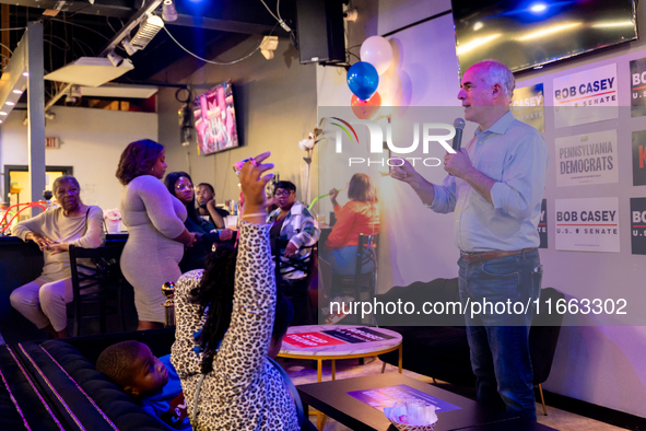 Sen. Bob Casey (D-PA) speaks at a campaign rally in Philadelphia, Pennsylvania, United States, on October 13, 2024. 