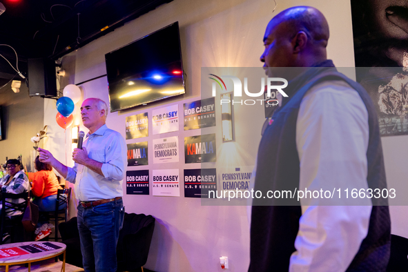 Sen. Bob Casey (D-PA) speaks at a campaign rally in Philadelphia, Pennsylvania, United States, on October 13, 2024. 