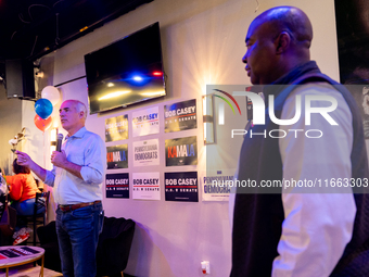 Sen. Bob Casey (D-PA) speaks at a campaign rally in Philadelphia, Pennsylvania, United States, on October 13, 2024. (