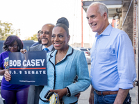 From left to right, State Sen. Vincent Hughes (D-Phila), actress and singer Sheryl Lee Ralph, and U.S. Sen. Bob Casey (D-PA) pose for a grou...