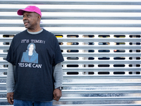 Harris-Walz campaign volunteer Martin Jones poses for a photo outside a campaign event in Philadelphia, Pennsylvania, United States, on Octo...