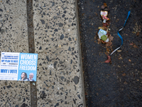 A voter pamphlet lies on the ground outside a campaign event in Philadelphia, Pennsylvania, United States, on October 13, 2024. (