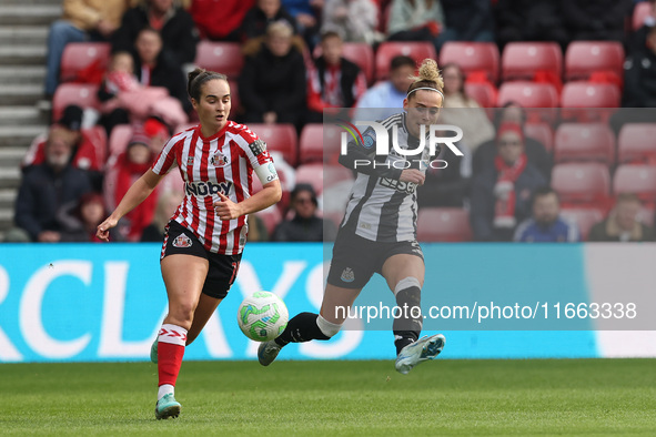 Jasmine McQuade of Newcastle competes with Natasha Fenton of Sunderland during the FA Women's Championship match between Sunderland and Newc...