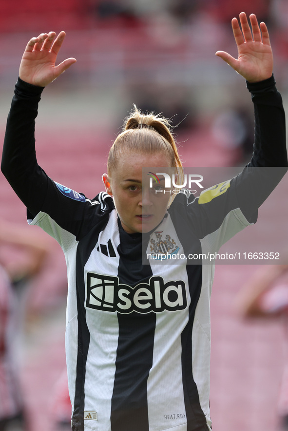 Beth Lumsden gestures to Newcastle's fans during the FA Women's Championship match between Sunderland and Newcastle United at the Stadium Of...