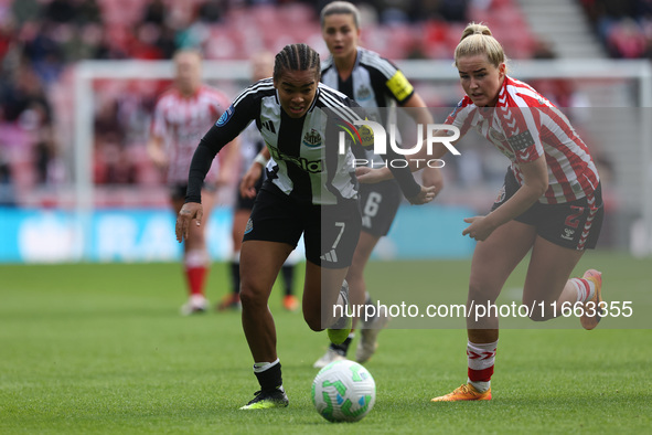 Newcastle's Shania Hayles is in action with Sunderland's Jessie Stapleton during the FA Women's Championship match between Sunderland and Ne...