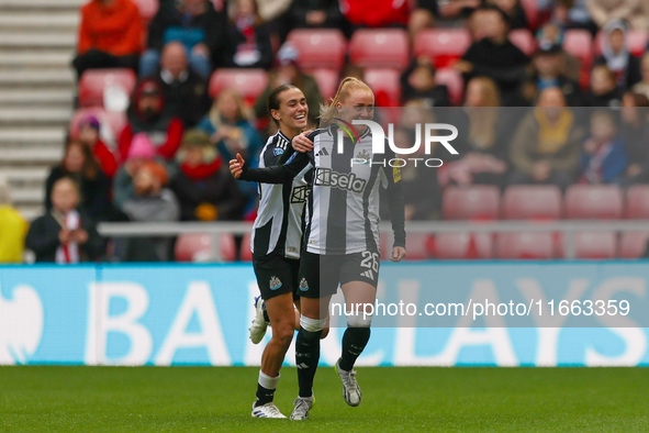 Beth Lumsden of Newcastle celebrates with her teammates after scoring their second goal during the FA Women's Championship match between Sun...