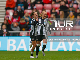 Beth Lumsden of Newcastle celebrates with her teammates after scoring their second goal during the FA Women's Championship match between Sun...