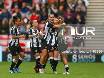 Beth Lumsden of Newcastle celebrates with her teammates after scoring their second goal during the FA Women's Championship match between Sun...