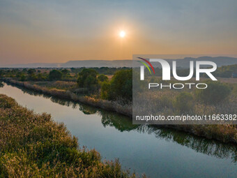 In Weinan, China, on October 13, 2024, the photo shows the Qiachuan wetland in the Yellow River in Weinan city, Shaanxi province, China. (